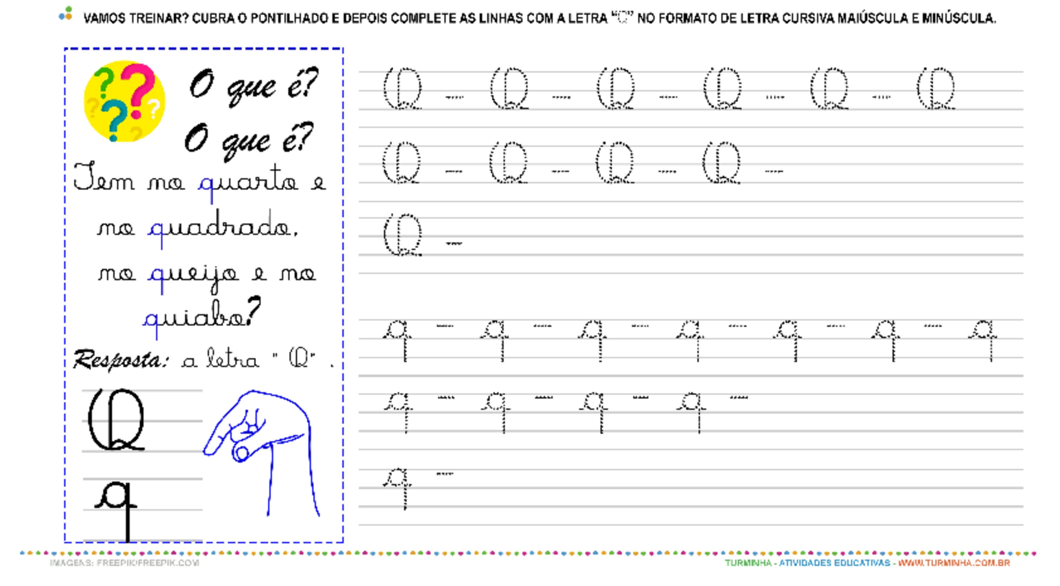 A Letra “Q” Cursiva - Caligrafia - atividade educativa para Pré-Escola (4 e 5 anos)