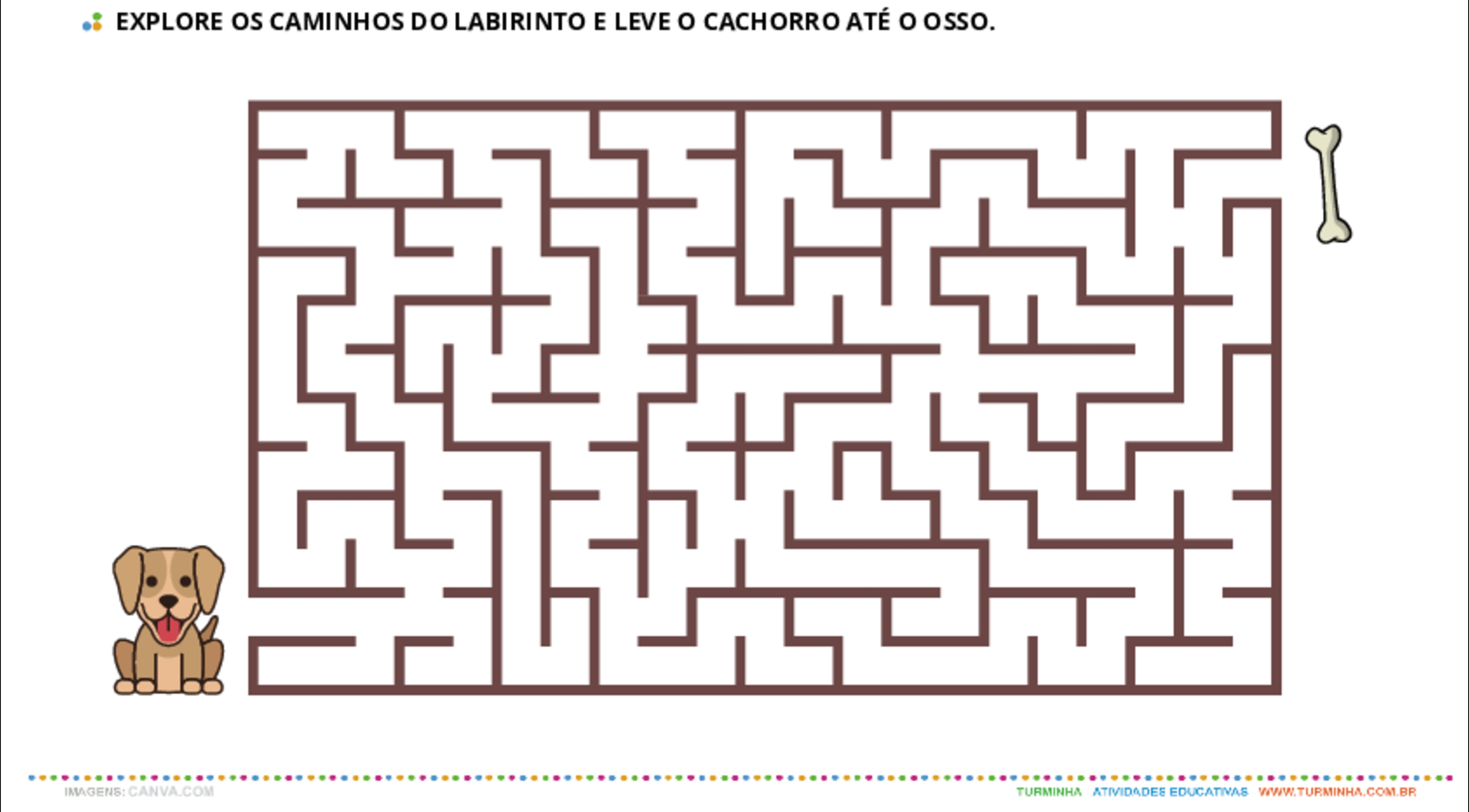 Explore os caminhos do labirinto e leve o cachorro até o osso - atividade educativa para Pré-Escola (4 e 5 anos)