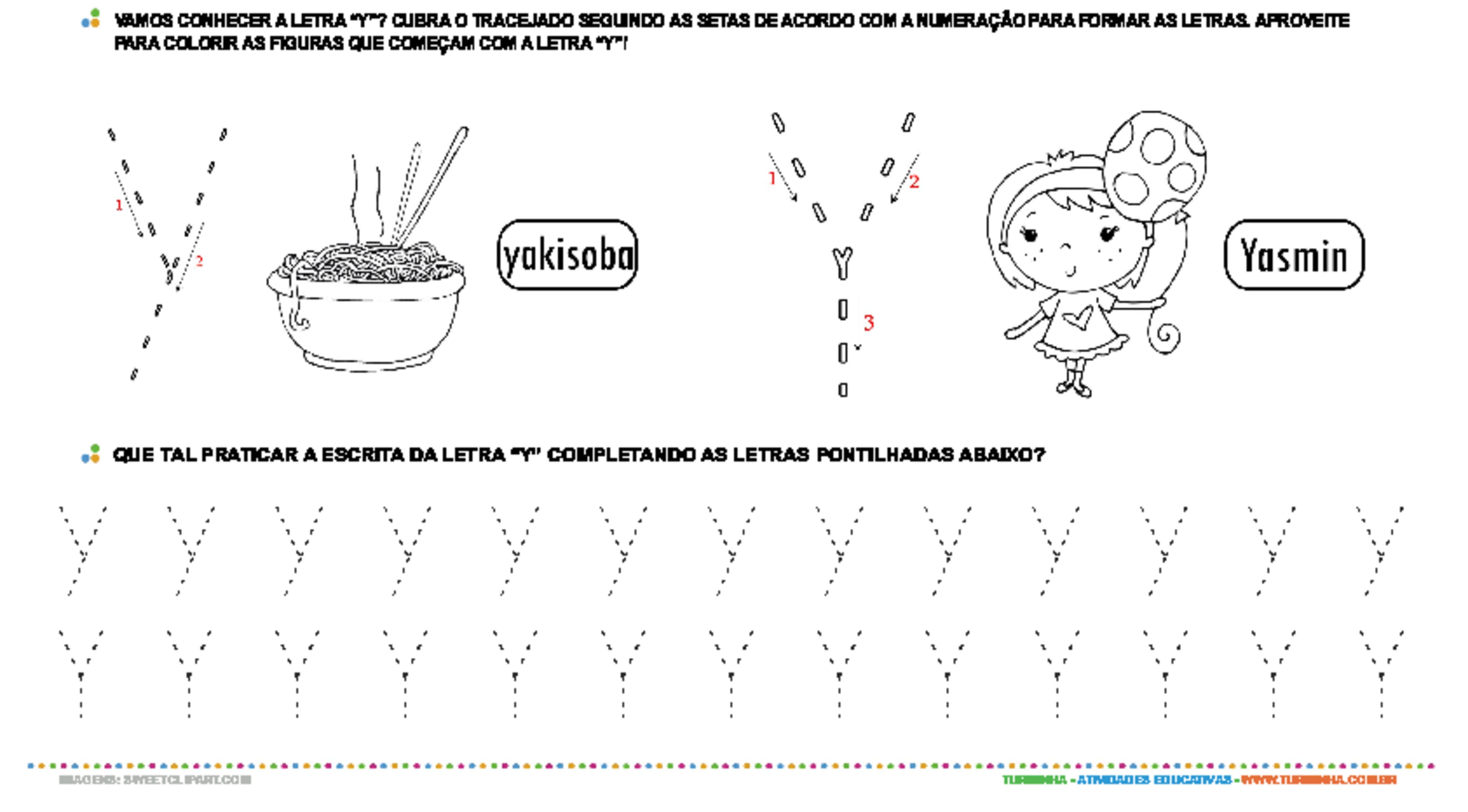 Letra Y de forma maiúscula e minúscula - atividade educativa para Pré-Escola (4 e 5 anos)