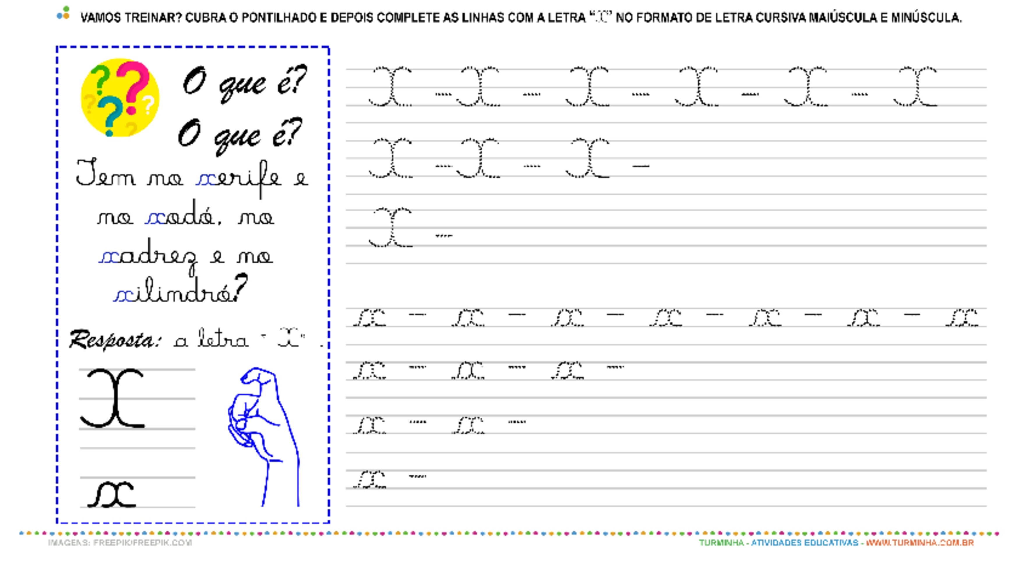 A Letra “X” Cursiva - Caligrafia - atividade educativa para Pré-Escola (4 e 5 anos)